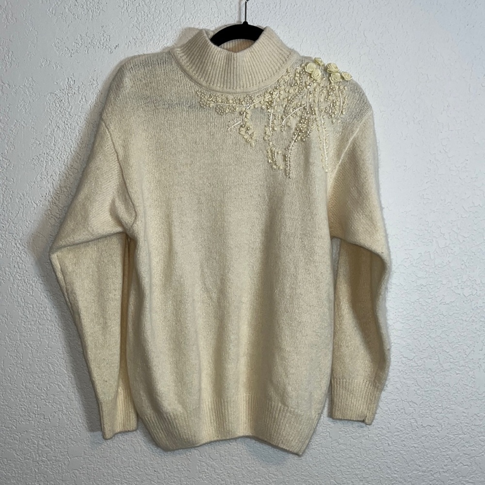 Vintage Arlando beaded & rosettes mock neck sweater Angora blend Fairy Coquette